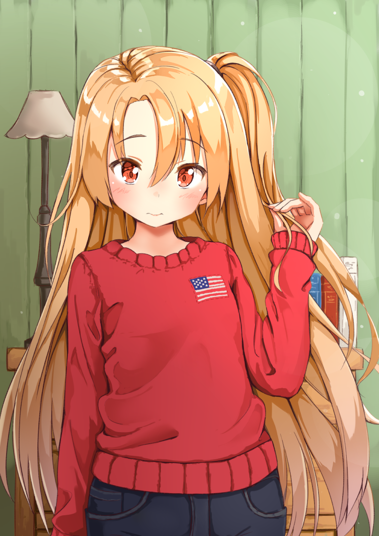 1girl ame. american_flag azur_lane bangs blue_pants blush book brown_eyes cleveland_(azur_lane) closed_mouth commentary_request eyebrows_visible_through_hair hair_between_eyes indoors lamp light_brown_hair long_hair long_sleeves looking_at_viewer one_side_up pants red_sweater sleeves_past_wrists solo sweater very_long_hair