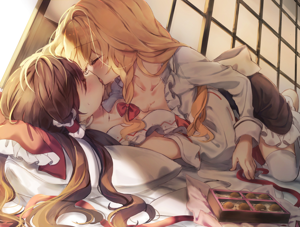 2girls apron ascot bangs blonde_hair blush bow braid breast_press breasts brown_hair chocolate cleavage closed_eyes collarbone commentary_request detached_sleeves eyebrows_visible_through_hair french_kiss girl_on_top hair_bow hair_tubes hakurei_reimu japanese_clothes kirisame_marisa kiss large_bow lying medium_breasts miko multiple_girls on_back open_mouth piyokichi red_bow ribbon-trimmed_sleeves ribbon_trim single_braid thigh-highs tongue tongue_out touhou valentine white_apron white_legwear white_pillow wide_sleeves yuri