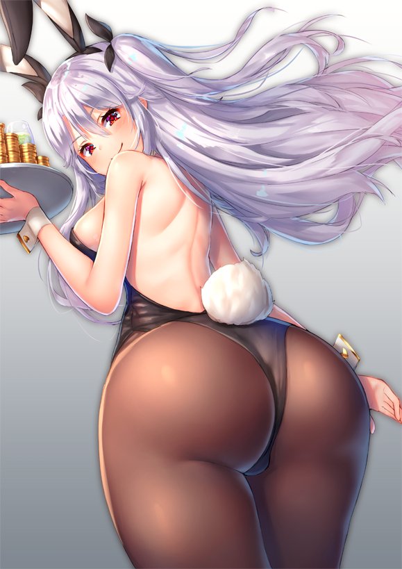 1girl alternate_costume animal_ears arm_at_side ass azur_lane back bangs bare_arms bare_back bare_shoulders black_hairband black_leotard black_ribbon blush breasts brown_legwear bunny_tail bunnysuit closed_mouth coin cowboy_shot cup drinking_glass eyebrows_visible_through_hair fake_animal_ears from_behind from_below gradient gradient_background grey_background hair_between_eyes hair_ribbon hairband highleg highleg_leotard holding holding_tray leotard long_hair looking_at_viewer looking_back looking_down medium_breasts pensuke prinz_eugen_(azur_lane) rabbit_ears red_eyes ribbon sideboob silver_hair smile solo standing tail tray two_side_up very_long_hair wrist_cuffs