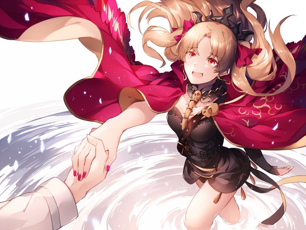 1boy 1girl :d black_dress blonde_hair blush cape dress earrings ereshkigal_(fate/grand_order) fate/grand_order fate_(series) fujimaru_ritsuka_(male) hair_ribbon hand_holding hizuki_miya jewelry long_hair looking_at_viewer nail_polish open_mouth partially_submerged pov pov_hands red_cape red_eyes red_nails ribbon short_dress skull smile solo_focus spine tiara two_side_up water