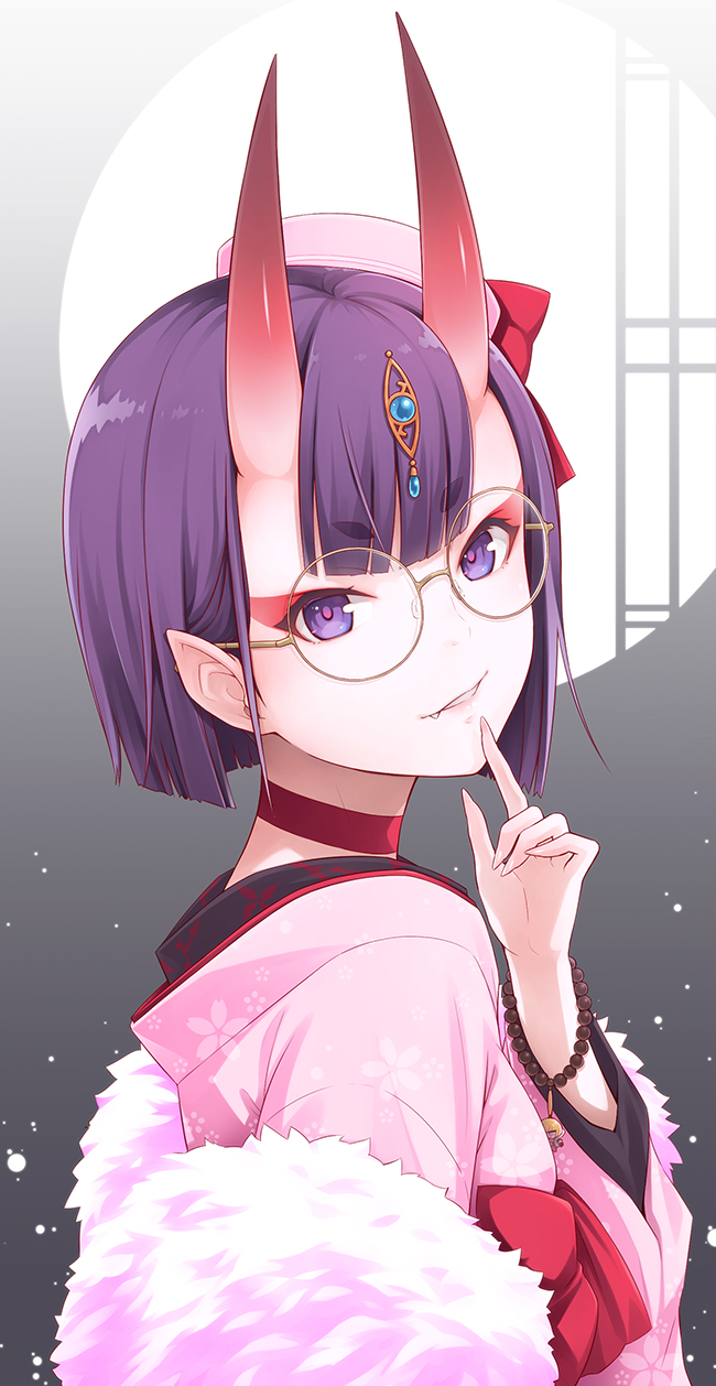 1girl bob_cut eyebrows_visible_through_hair fang fang_out fate/grand_order fate_(series) finger_to_mouth floral_print glasses ha-ru hat headpiece highres horns japanese_clothes kimono looking_at_viewer oni oni_horns parted_lips pink_kimono pointy_ears purple_hair short_hair shuten_douji_(fate/grand_order) smile solo upper_body violet_eyes