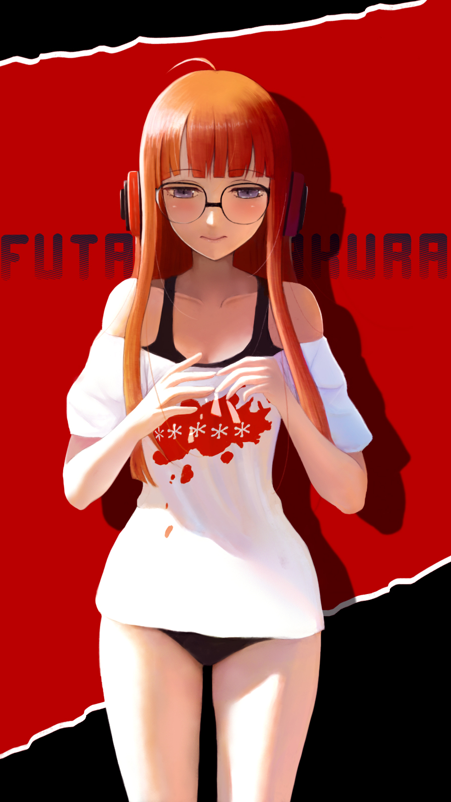 1girl :&gt; ahoge bangs bare_shoulders behind-the-head_headphones black-framed_eyewear black_bra black_panties blunt_bangs blush bra character_name closed_mouth commentary_request cowboy_shot fou_zi glasses half-closed_eyes headphones highres light_frown lips looking_at_viewer no_pants off-shoulder_shirt panties persona persona_5 print_shirt red_background revision round_eyewear sakura_futaba shiny shiny_hair shirt sidelocks solo standing straight_hair thighs undershirt underwear