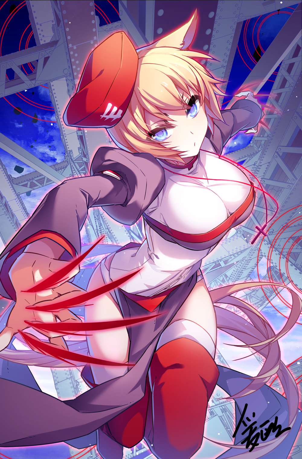 1girl animal_ears blonde_hair bloodline blue_eyes blue_sky breasts clouds hat highres ht iotower jewelry looking_at_viewer necklace puffy_sleeves red_legwear short_hair sky solo thigh-highs tower