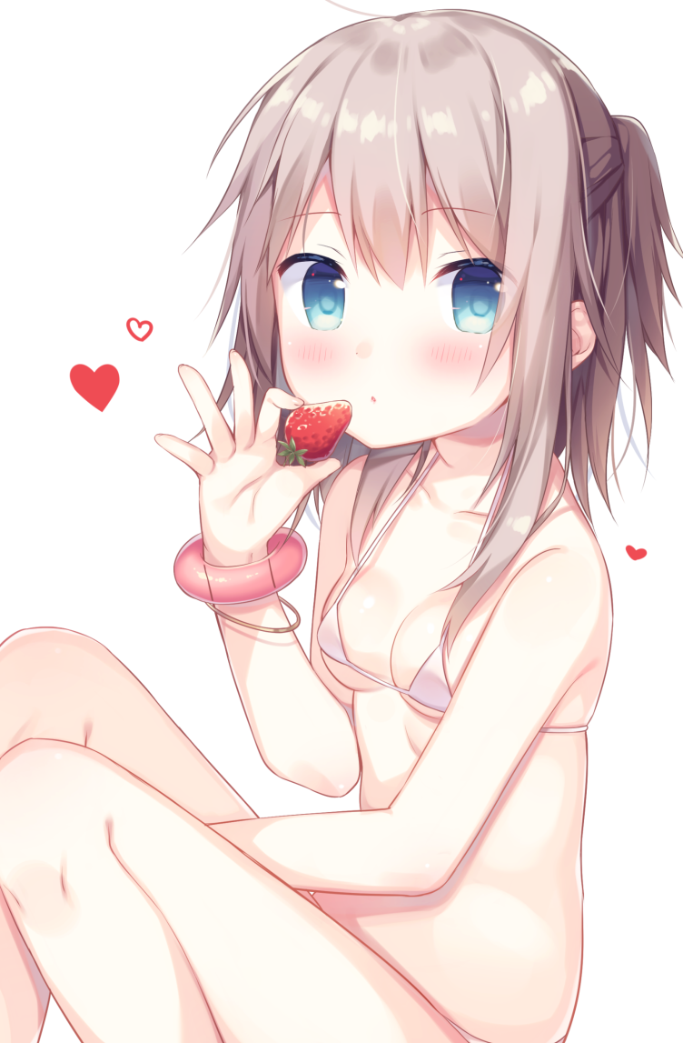 1girl bangs bikini blue_eyes blush bracelet breasts brown_hair collarbone commentary_request eyebrows_visible_through_hair fingernails food fruit hair_between_eyes hand_up heart hisagi_(puchimaple) holding holding_fruit jewelry long_hair looking_at_viewer medium_breasts micro_bikini original parted_lips pink_bikini sitting solo strawberry swimsuit white_background