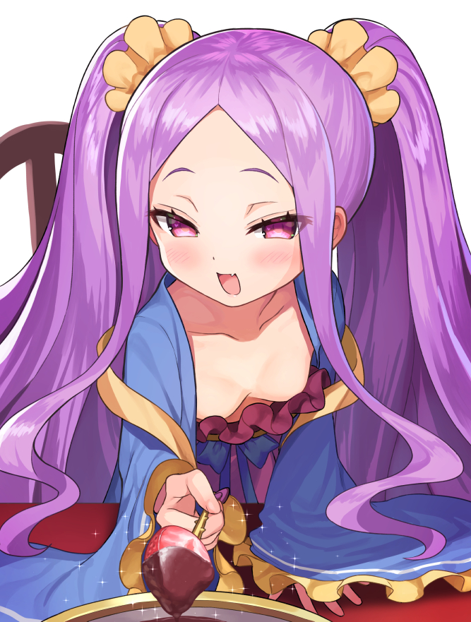 1girl :d bangs blush breasts chinese_clothes chocolate collarbone commentary_request fang fate/grand_order fate_(series) food fruit hanfu long_hair long_sleeves looking_at_viewer matanonki open_mouth parted_bangs purple_hair scrunchie small_breasts smile solo strawberry twintails valentine very_long_hair violet_eyes wide_sleeves wu_zetian_(fate/grand_order)