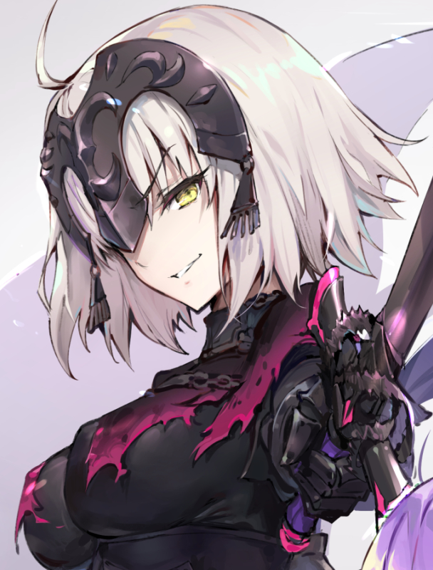 1girl ahoge breasts chains erect_nipples fate/grand_order fate_(series) gauntlets haoni helmet holding holding_sword holding_weapon jeanne_d'arc_(alter)_(fate) jeanne_d'arc_(fate)_(all) long_hair looking_at_viewer short_hair smile solo sword torn_clothes weapon white_hair yellow_eyes