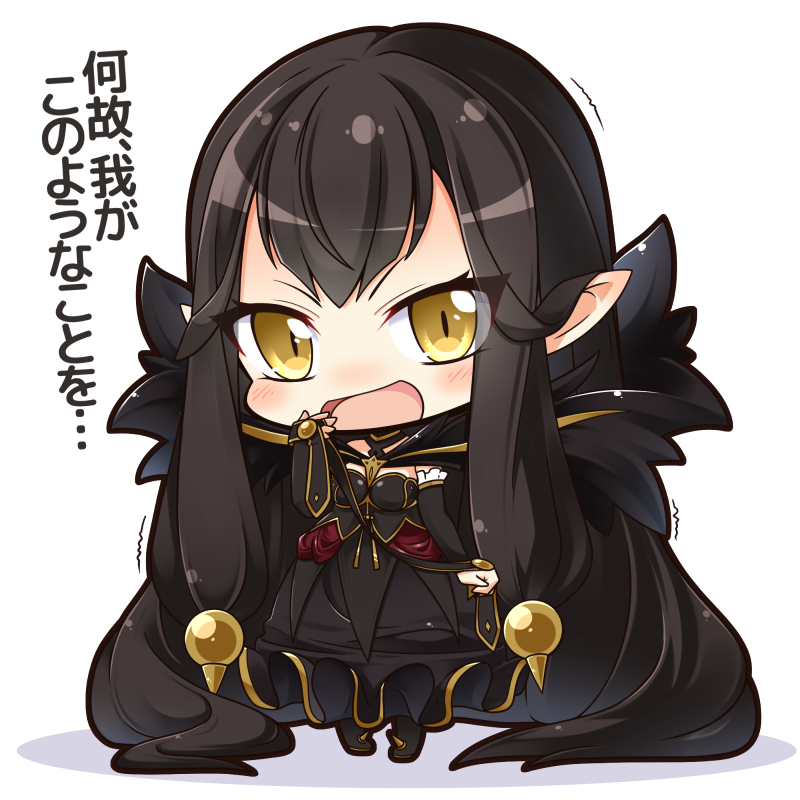 1girl :d black_hair breasts cape chibi cleavage commentary_request detached_sleeves fate/grand_order fate_(series) long_hair looking_at_viewer open_mouth pointy_ears semiramis_(fate) shachoo. simple_background smile solo translation_request yellow_eyes
