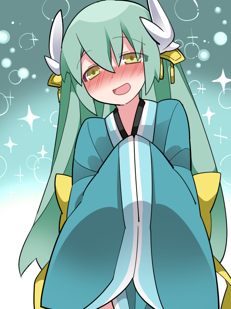 1girl :d blush fate/grand_order fate_(series) green_hair hammer_(sunset_beach) horns japanese_clothes kiyohime_(fate/grand_order) long_hair looking_at_viewer open_mouth smile solo sparkle wide_sleeves yellow_eyes
