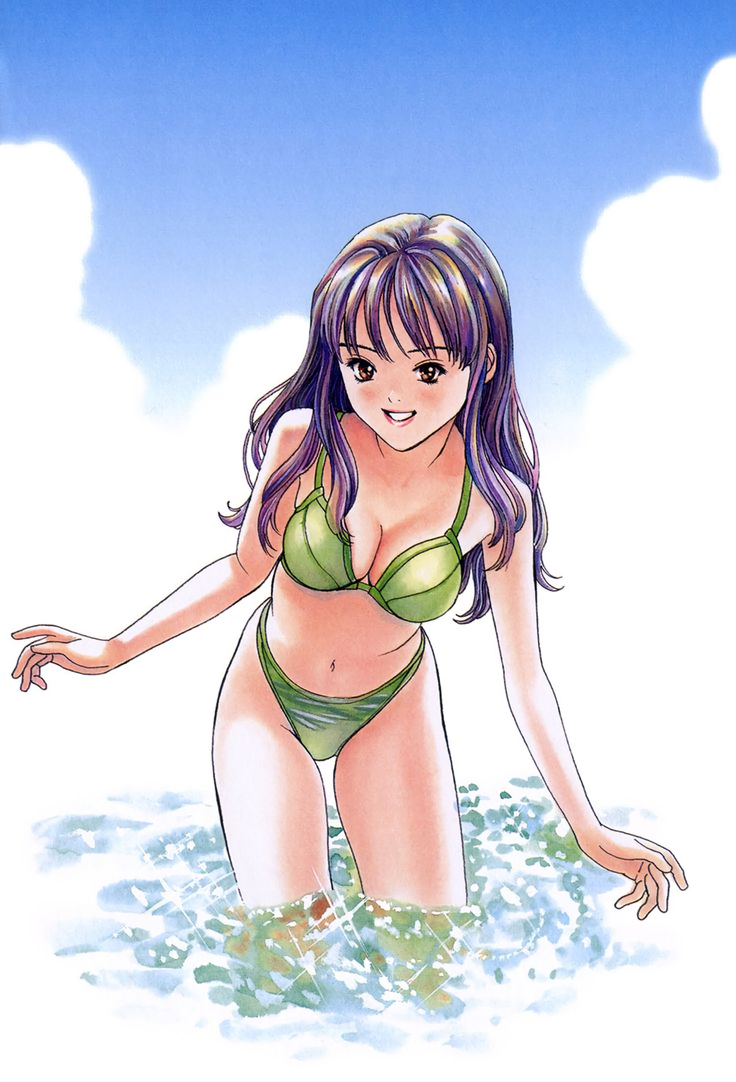 1girl bikini breasts brown_eyes day green_bikini grin i"s isozaki_izumi katsura_masakazu leaning_forward long_hair medium_breasts navel official_art outdoors purple_hair smile solo standing swimsuit wading water