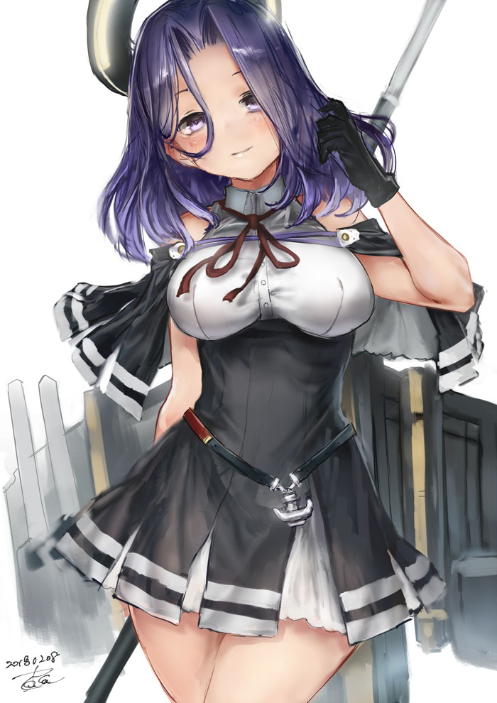 1girl arm_behind_back bangs belt black_dress black_gloves breasts capelet commentary_request cowboy_shot dated dress gloves hand_in_hair head_tilt headgear kantai_collection legs_crossed long_hair looking_at_viewer machinery neck_ribbon parted_bangs purple_hair ribbon shirt signature standing tatsuta_(kantai_collection) toka_(marchlizard) violet_eyes white_shirt