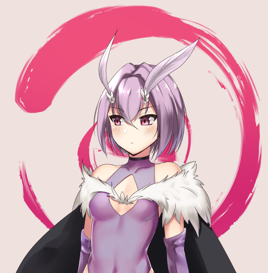 1girl antennae bare_shoulders blush boots breasts cape cleavage_cutout elbow_gloves eyebrows_visible_through_hair fur fur-trimmed_cape fur_trim gloves hair_between_eyes kaafi looking_to_the_side mayu_(kaafi) monster_girl moth_girl original purple_gloves purple_hair short_hair simple_background small_breasts solo upper_body violet_eyes