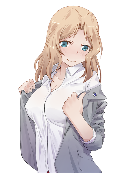blouse blue_eyes blush closed_mouth collared_blouse commentary emblem eyebrows_visible_through_hair girls_und_panzer grey_jacket hair_intakes jacket katatsuka_kouji kay_(girls_und_panzer) long_hair long_sleeves looking_at_viewer off_shoulder open_clothes open_jacket revision saunders_school_uniform school_uniform sleeves_rolled_up smile solo standing undressing white_background white_blouse