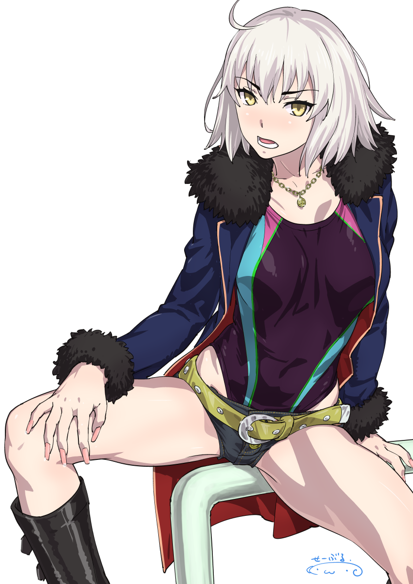 1girl ahoge belt blush breasts competition_swimsuit eyebrows_visible_through_hair fate/grand_order fate_(series) fur_trim highres jacket jeanne_d'arc_(alter)_(fate) jeanne_d'arc_(fate)_(all) jewelry medium_breasts nail_polish necklace one-piece_swimsuit open_clothes open_jacket open_mouth shiny shiny_clothes short_hair short_shorts shorts silver_hair simple_background sitting solo spread_legs suna swimsuit swimsuit_under_clothes teeth white_background yellow_eyes