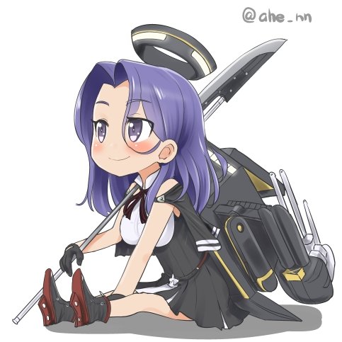 1girl ahenn blue_eyes blue_hair chibi commentary_request holding kantai_collection long_hair lowres machinery mechanical_halo polearm remodel_(kantai_collection) simple_background sitting smile solo tatsuta_(kantai_collection) turret twitter_username weapon white_background