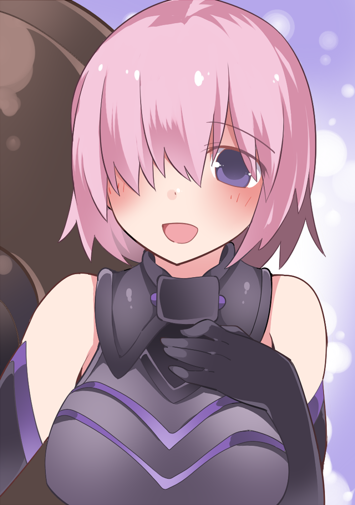 1girl :d black_gloves elbow_gloves fate/grand_order fate_(series) gloves hair_over_one_eye hammer_(sunset_beach) looking_at_viewer mash_kyrielight open_mouth purple_hair shield short_hair smile solo violet_eyes