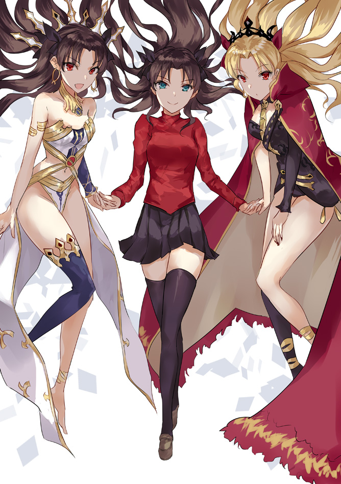 3girls :d asle bangs bare_shoulders barefoot black_dress black_legwear black_ribbon black_skirt blonde_hair blue_eyes blue_legwear brown_footwear brown_hair cape closed_mouth collarbone commentary_request dress ereshkigal_(fate/grand_order) eyebrows_visible_through_hair fate/grand_order fate/stay_night fate_(series) hair_ribbon hand_holding ishtar_(fate/grand_order) long_hair long_sleeves looking_at_viewer multiple_girls open_mouth parted_bangs pleated_skirt purple_cape red_eyes red_ribbon red_skirt ribbon single_sleeve single_thighhigh skirt smile thigh-highs tiara tohsaka_rin two_side_up very_long_hair