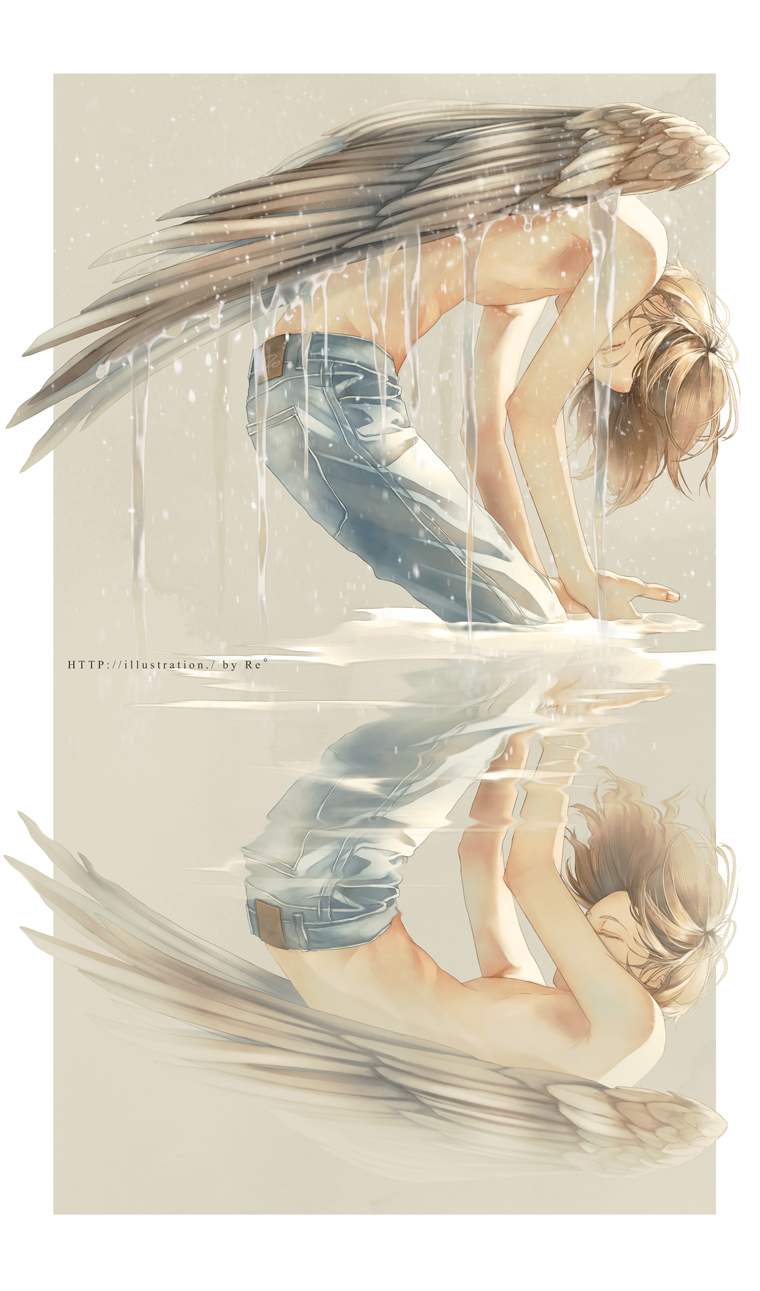 1boy angel_wings artist_name brown_hair closed_eyes denim expressionless frame grey_background highres jeans male_focus original outstretched_arms pants pool reflecting_pool reflection rido_(ridograph) shirtless short_hair upside-down water wet wings