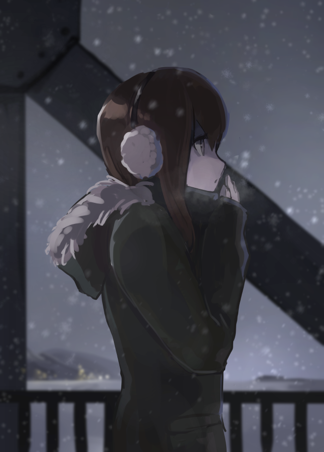 1girl black_eyes black_hair coat commentary_request earmuffs horizon kantai_collection looking_away night night_sky ocean parted_lips short_hair sky snowing solo taihou_(kantai_collection) visible_air weasel_(close-to-the-edge) winter_clothes winter_coat