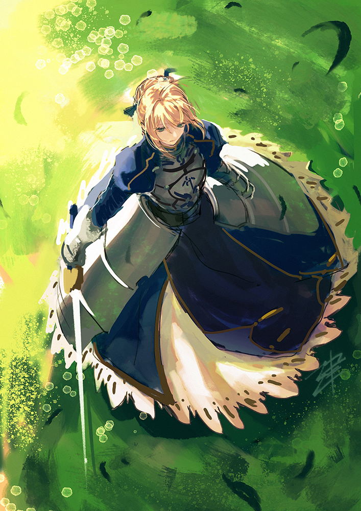 1girl armor armored_dress artoria_pendragon_(all) black_feathers black_ribbon blonde_hair blue_dress day dress fate/stay_night fate_(series) from_above full_body gauntlets green_eyes hair_between_eyes hair_ribbon holding holding_sword holding_weapon outdoors ribbon saber short_hair_with_long_locks sidelocks solo standing sword visayul weapon