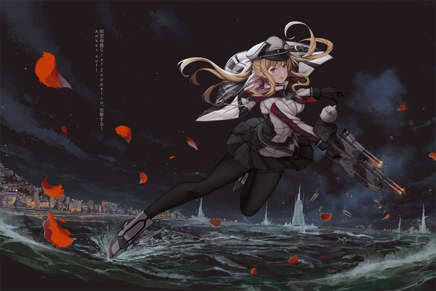 1girl black_gloves black_legwear blonde_hair capelet clouds gloves graf_zeppelin_(kantai_collection) hanata_sekihan hat kantai_collection military military_uniform miniskirt night night_sky pantyhose peaked_cap petals sidelocks skirt sky turret twintails uniform violet_eyes water waves