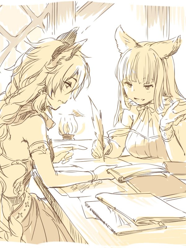 2girls animal_ears book braid breasts cat_ears commentary_request erun_(granblue_fantasy) granblue_fantasy hair_tubes heles hoshikuzushi korwa lantern large_breasts long_hair multiple_girls notebook paper quill sepia single_braid sitting table working writing