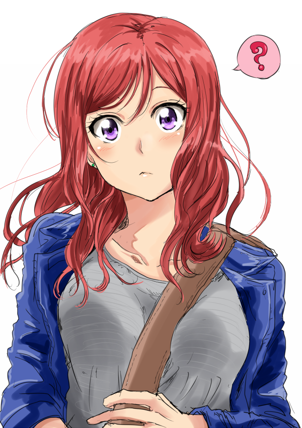 1girl :&lt; ? alternate_costume alternate_hairstyle bangs between_breasts blue_jacket blush breasts casual closed_mouth earrings grey_shirt jacket jewelry long_hair long_sleeves looking_at_viewer love_live! love_live!_school_idol_project medium_breasts nishikino_maki older open_clothes open_jacket redhead sanpaku shirt shogo_(4274732) simple_background sketch solo speech_bubble spoken_question_mark strap_cleavage stud_earrings tareme upper_body violet_eyes white_background