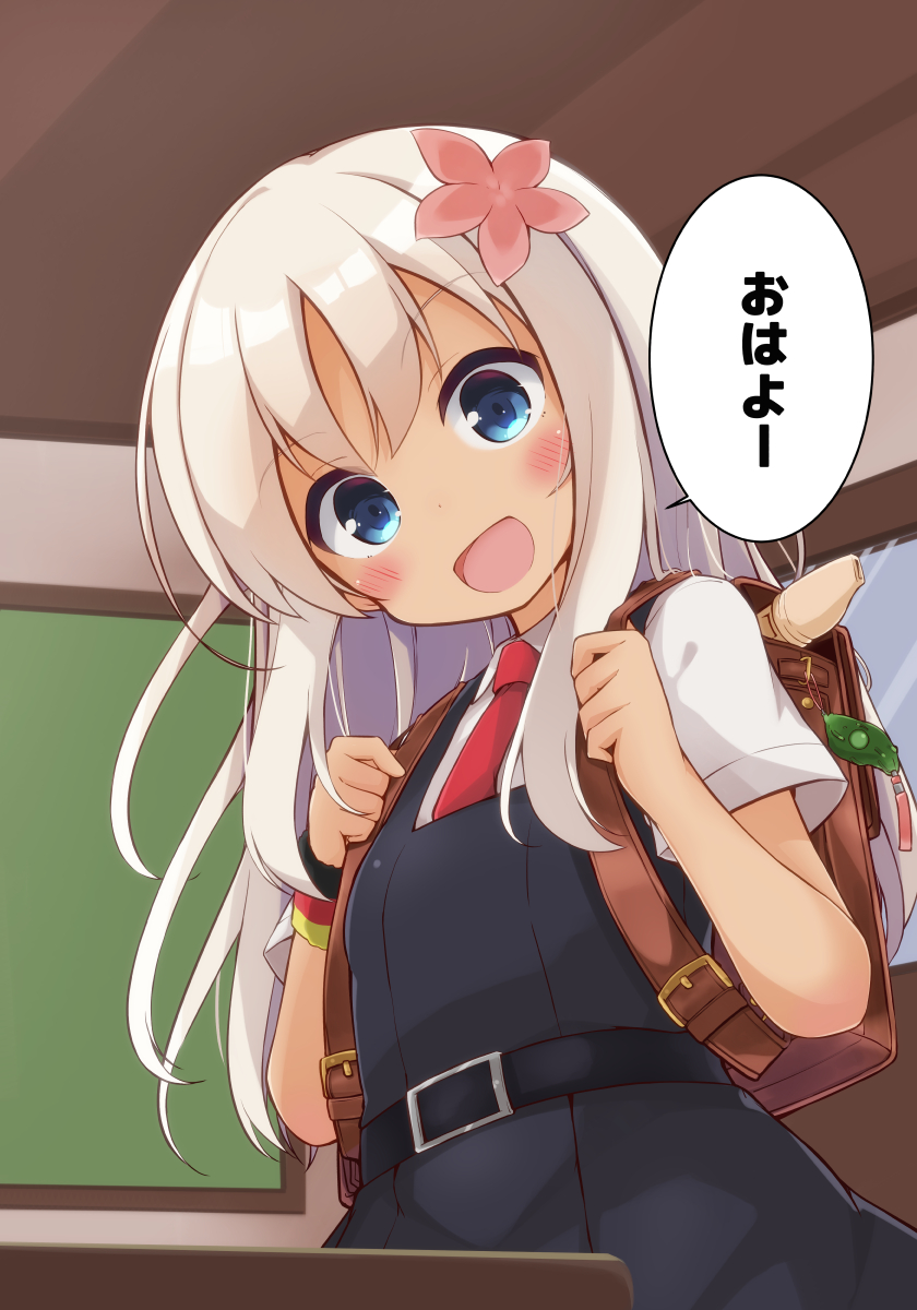 1girl :d backpack bag belt belt_buckle blonde_hair blue_eyes blush buckle flower hair_flower hair_ornament highres instrument kantai_collection long_hair open_mouth pink_flower randoseru recorder ro-500_(kantai_collection) shirt short_sleeves smile solar_milk solo speech_bubble translation_request white_shirt