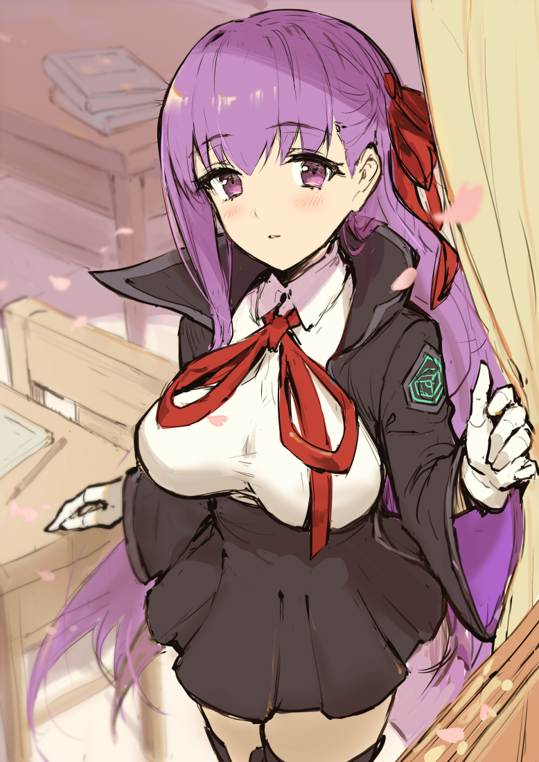 1girl bangs bb_(fate/extra_ccc) black_legwear black_skirt blush breasts classroom coat curtains desk eyebrows_visible_through_hair fate/extra fate/extra_ccc fate_(series) gloves hair_ribbon haoni indoors large_breasts long_hair looking_at_viewer parted_lips purple_hair red_ribbon ribbon skirt solo tareme thigh-highs violet_eyes white_gloves