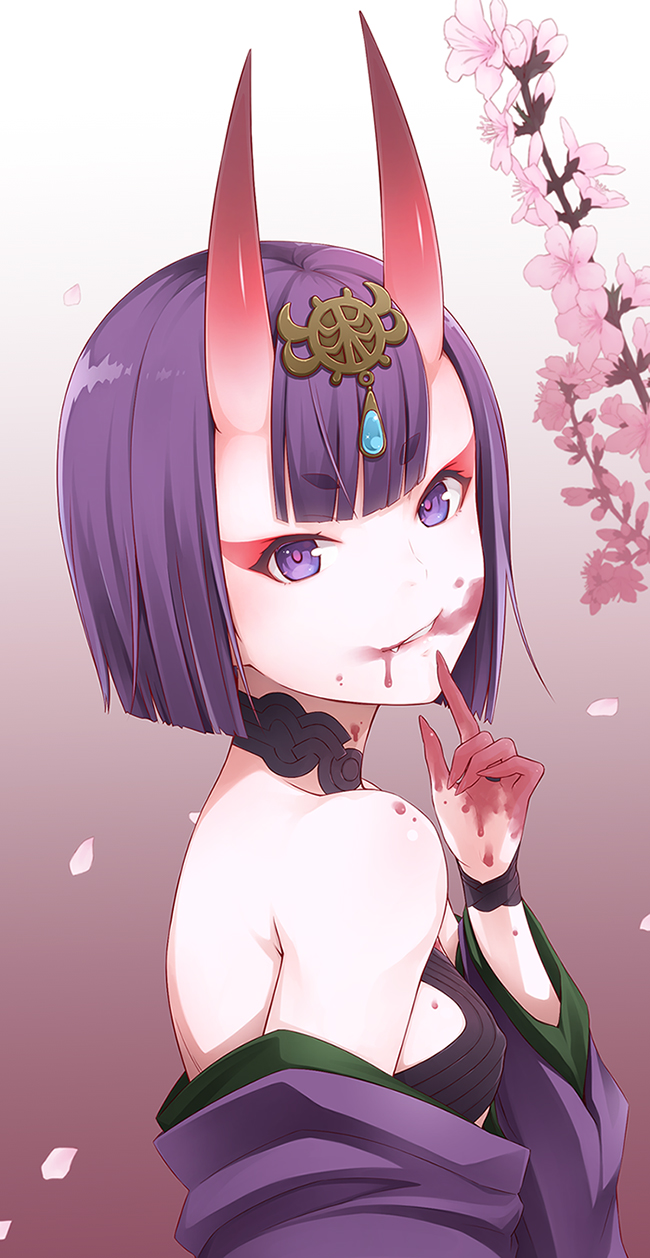 1girl blood bob_cut breasts cherry_blossoms eyebrows_visible_through_hair fang fang_out fate/grand_order fate_(series) finger_to_mouth ha-ru headpiece highres horns japanese_clothes kimono looking_at_viewer off_shoulder oni oni_horns parted_lips petals pointy_ears purple_hair purple_kimono short_hair shuten_douji_(fate/grand_order) small_breasts smile solo upper_body violet_eyes