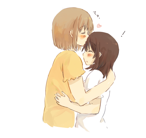 ! 2girls :o bangs blush brown_hair eyebrows_visible_through_hair foomi forehead_kiss heart hug kiss light_brown_hair long_hair lowres multiple_girls original parted_lips puffy_short_sleeves puffy_sleeves shirt short_sleeves simple_background white_background white_shirt yellow_shirt yuri