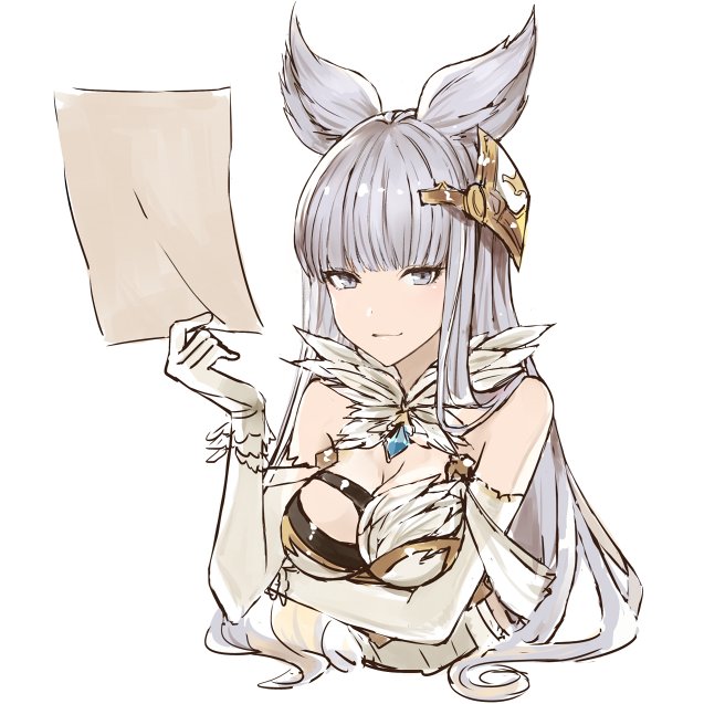 1girl animal_ears asymmetrical_clothes bangs bare_shoulders blue_eyes blunt_bangs breasts cleavage dress elbow_gloves erun_(granblue_fantasy) feathers gloves granblue_fantasy haikimono_shounen hair_ornament hand_up jewelry korwa large_breasts long_hair looking_at_viewer paper pendant silver_hair simple_background smile solo upper_body white_background white_dress white_gloves