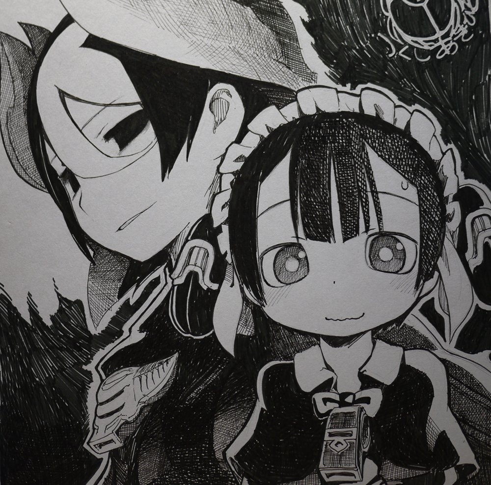 1boy 1girl age_difference black_eyes capelet greyscale hair_between_eyes light_smile looking_at_viewer made_in_abyss maid_headdress maruruk monochrome no_pupils ozen signature sweatdrop traditional_media tsukushi_akihito upper_body wavy_mouth whistle whistle_around_neck