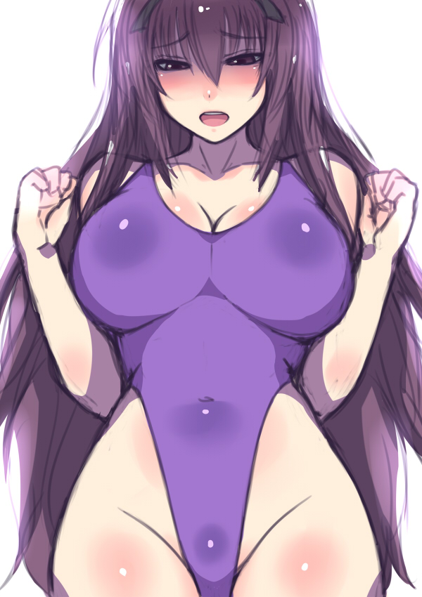 1girl breasts cleavage covered_navel cowboy_shot hai_(h81908190) highleg highleg_swimsuit large_breasts long_hair looking_at_viewer original purple_hair simple_background solo swimsuit violet_eyes white_background