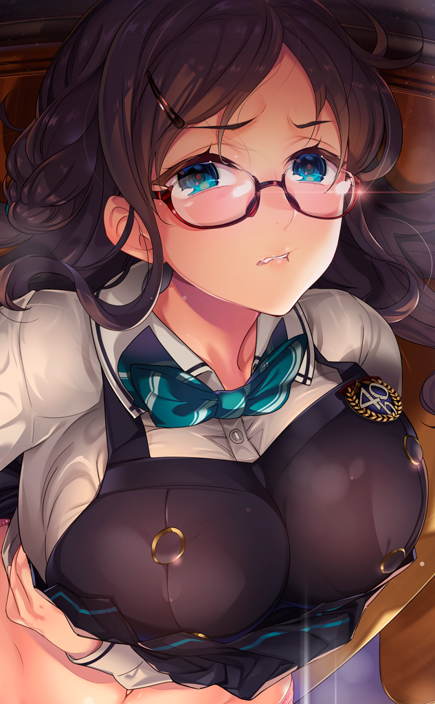 1girl biting black_hair black_skirt blue_eyes blue_neckwear blush bow bowtie braid breasts collared_shirt copyright_request glasses hair_ornament hair_tie hairclip kuon_michiyoshi large_breasts lifted_by_self lip_biting long_hair long_sleeves looking_at_viewer navel panties pink_panties pleated_skirt red-framed_eyewear school_uniform semi-rimless_eyewear shirt shirt_lift skirt skirt_lift solo under-rim_eyewear underwear upper_body white_shirt