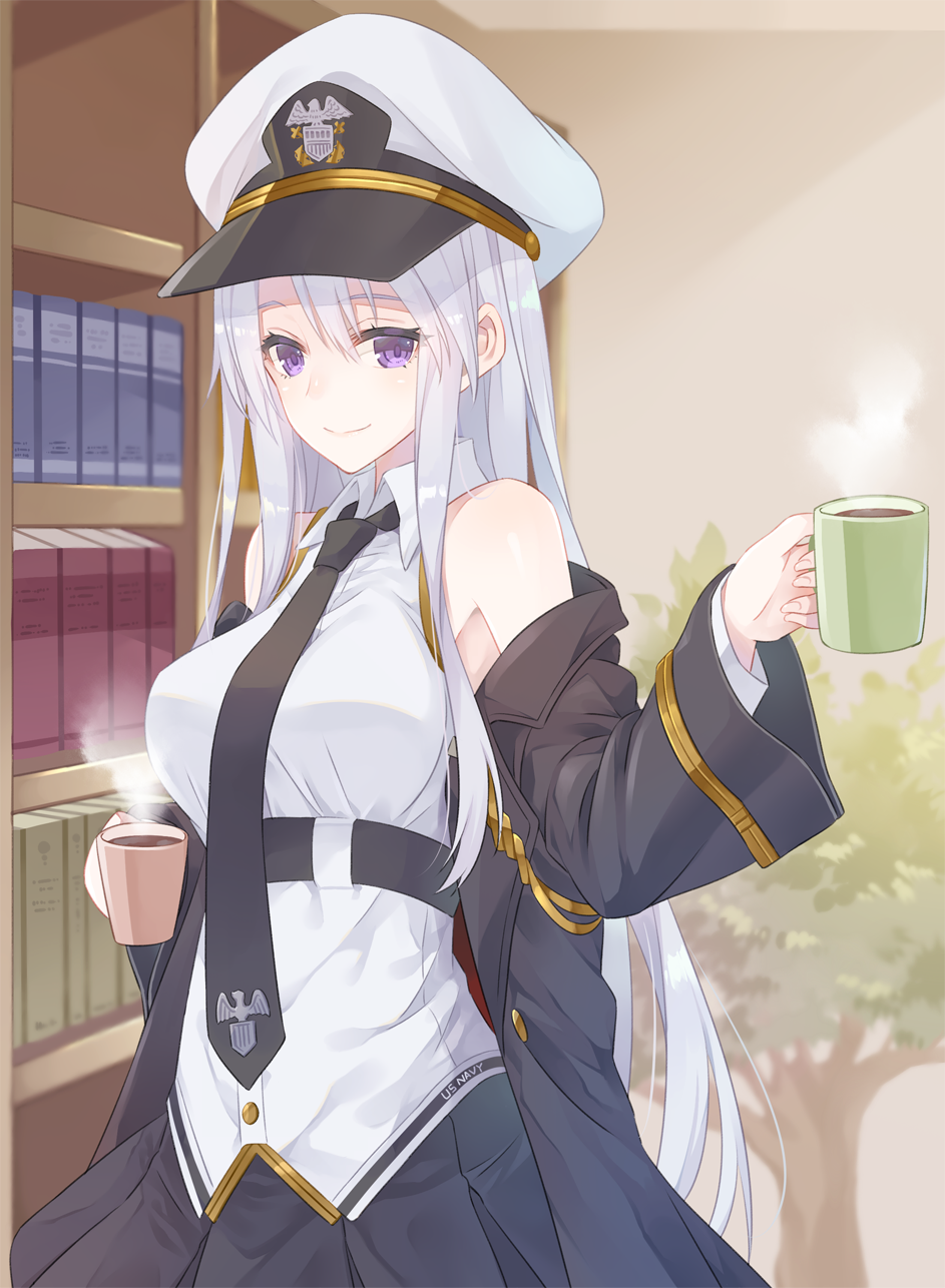 1girl azur_lane blurry bookshelf coat coffee coffee_mug depth_of_field enterprise_(azur_lane) hat highres long_hair looking_at_viewer mashita_(kuzsat) military_jacket necktie peaked_cap pleated_skirt silver_hair skirt smile solo steam violet_eyes