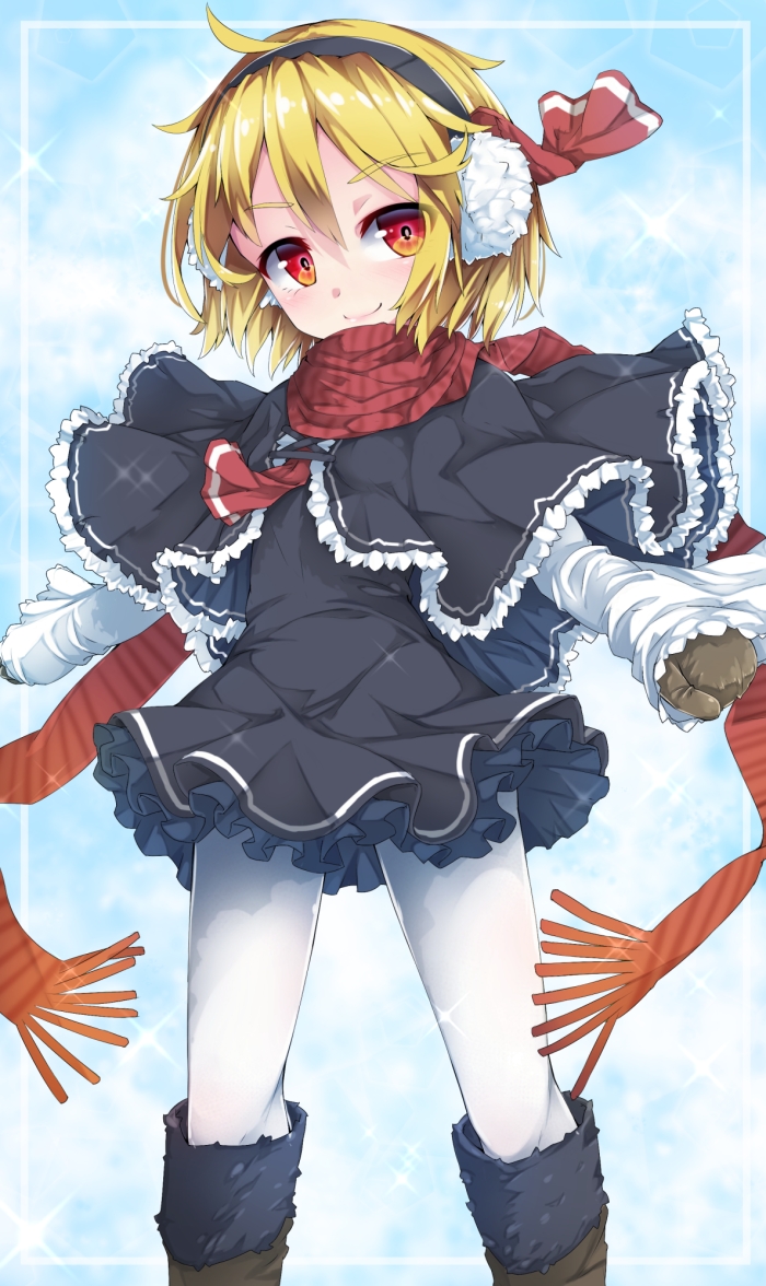 1girl adapted_costume ahoge black_capelet black_dress blonde_hair blue_background boots capelet clenched_hands cowboy_shot cravat dress earmuffs eyebrows frilled_capelet frilled_skirt frills gradient gradient_background hair_between_eyes hair_ribbon knee_boots long_sleeves looking_at_viewer mittens outstretched_arms pantyhose red_eyes red_neckwear red_scarf ribbon rumia scarf short_hair skirt smile solo sparkle striped striped_scarf touhou uumaru white_legwear winter