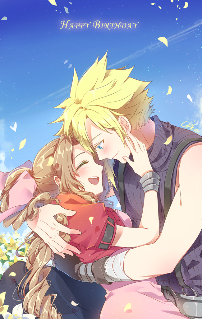 1boy 1girl aerith_gainsborough birthday blonde_hair blush bow bracelet brown_hair cat_princess closed_eyes cloud_strife commentary_request english final_fantasy final_fantasy_vii flower hair_ribbon happy_birthday jacket jewelry looking_at_another open_mouth pink_bow ponytail ribbon sleeveless smile spiky_hair