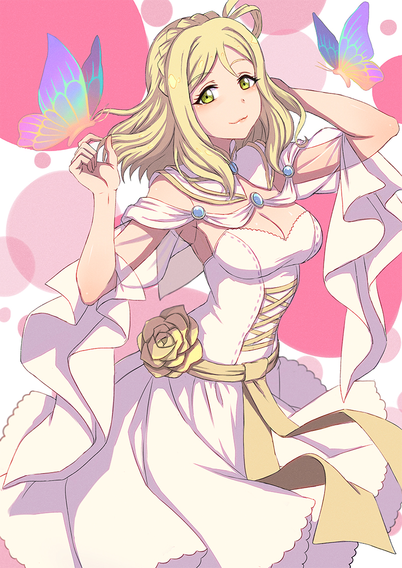 1girl :3 blonde_hair braid breasts brooch butterfly butterfly_on_finger cleavage collaboration commentary_request cross-laced_clothes crown_braid detached_collar dress eyebrows_visible_through_hair flower green_eyes hair_rings hand_in_hair jewelry looking_at_viewer love_live! love_live!_sunshine!! ohara_mari othel_(hatimorris) regition rose smile solo transparent_sleeves white_dress wide_sleeves yellow_flower yellow_rose