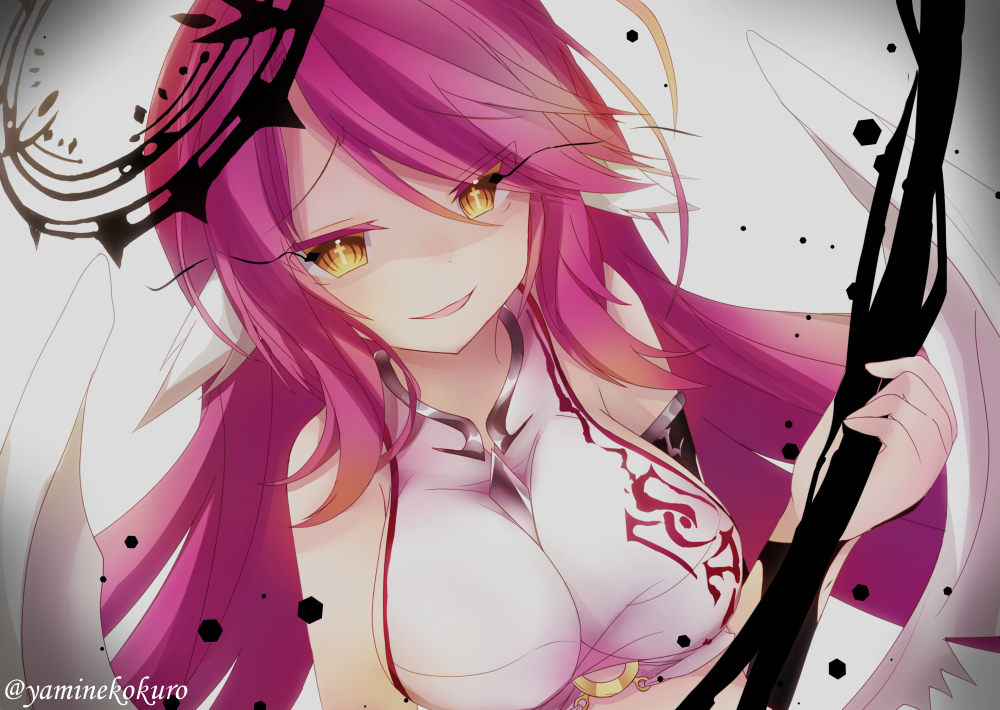 1girl angel_wings breasts commentary_request crop_top cross evil_smile halo jibril_(no_game_no_life) large_breasts long_hair low_wings magic_circle no_game_no_life pink_hair smile solo symbol-shaped_pupils twitter_username white_wings wing_ears wings yamine_kuro yellow_eyes