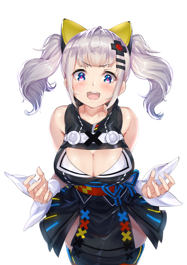 1girl blue_eyes blush breasts cleavage cleavage_cutout dress kaguya_luna kaguya_luna_(character) large_breasts obi open_mouth raijuu_(bakanara) sash silver_hair sleeveless sleeveless_dress smile solo thigh-highs twintails virtual_youtuber