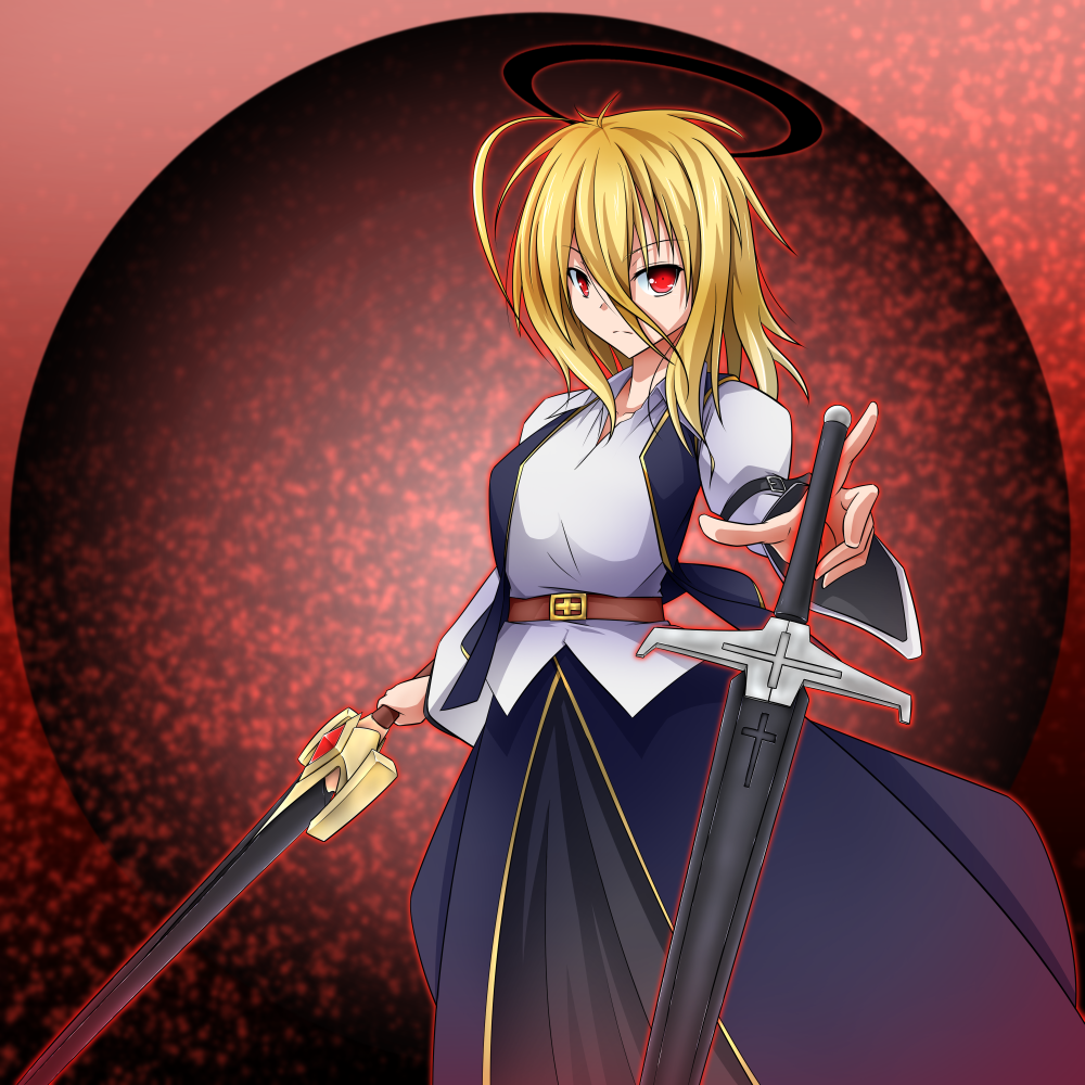 1girl armband aura belt blonde_hair blue_skirt cowboy_shot ex-rumia frown gradient gradient_background hair_between_eyes hair_over_face halo layered_skirt long_sleeves looking_at_viewer open_clothes open_vest red_background red_eyes rumia shirt short_hair skirt solo sword tennenmoe touhou untucked_shirt vest weapon white_shirt