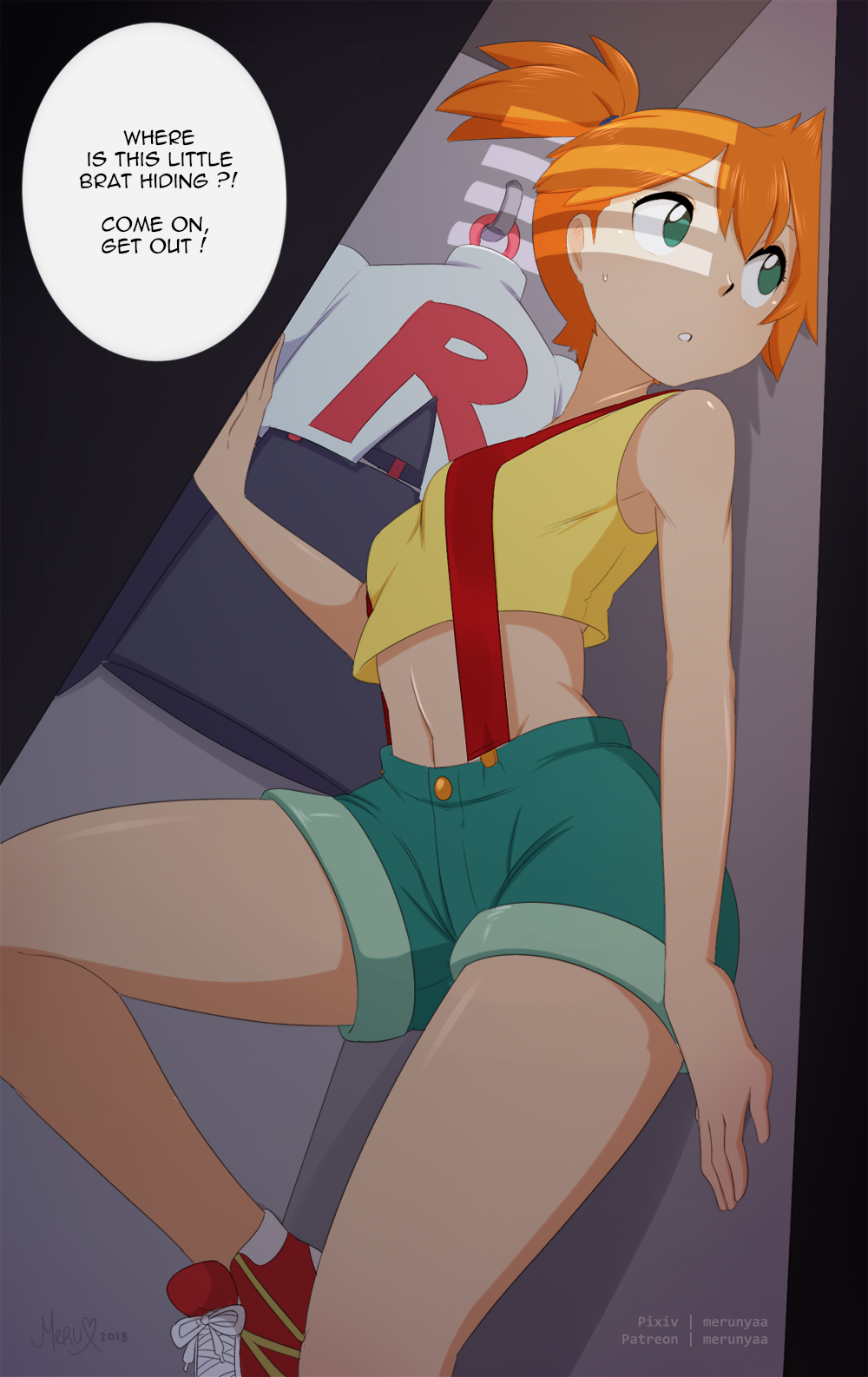 1girl arm_at_side artist_name bangs bare_arms bare_shoulders breasts crop_top dutch_angle english green_eyes green_shorts hiding highres kasumi_(pokemon) leg_up light locker looking_to_the_side merunyaa midriff navel orange_hair pokemon pokemon_(anime) short_hair shorts side_ponytail signature sleeveless small_breasts solo standing standing_on_one_leg suspender_shorts suspenders sweatdrop tareme team_rocket_uniform watermark web_address