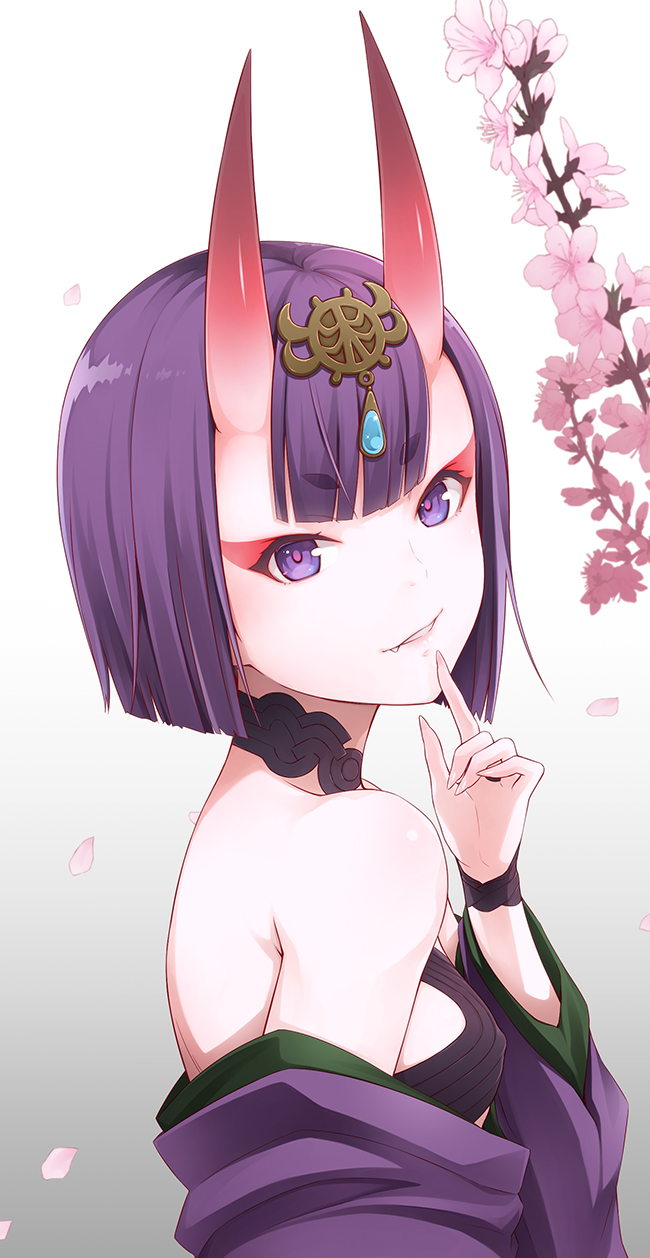 1girl bob_cut breasts cherry_blossoms eyebrows_visible_through_hair fang fang_out fate/grand_order fate_(series) finger_to_mouth ha-ru headpiece highres horns japanese_clothes kimono looking_at_viewer off_shoulder oni oni_horns parted_lips petals pointy_ears purple_hair purple_kimono short_hair shuten_douji_(fate/grand_order) small_breasts smile solo upper_body violet_eyes