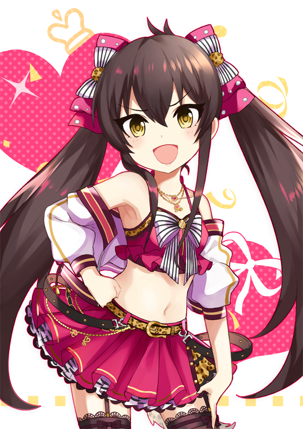 &gt;:d 1girl bangs bare_shoulders belt black_hair blush bow chains collarbone crop_top eyelashes garter_straps haikimono_shounen hair_between_eyes hair_bow hand_on_hip hand_on_thigh heart idolmaster idolmaster_cinderella_girls jacket jewelry lace lace-trimmed_thighhighs long_hair looking_at_viewer matoba_risa midriff navel necklace off_shoulder open_clothes open_jacket open_mouth pink_skirt sidelocks skirt smile solo thigh-highs thighs twintails v-shaped_eyebrows white_jacket yellow_eyes