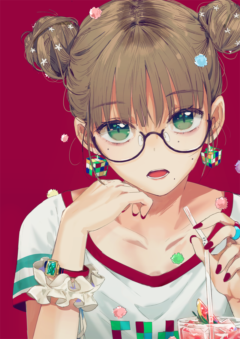 1girl black-framed_eyewear brown_hair candy collarbone dangmill double_bun earrings food glasses jewelry konpeitou looking_at_viewer mole nail_polish original red_background ring rubik's_cube semi-rimless_eyewear short_hair solo under-rim_eyewear