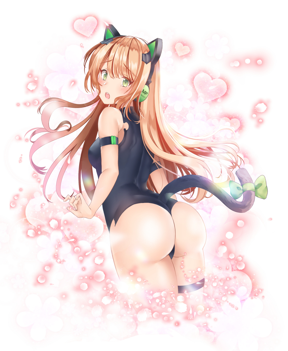 1girl arched_back armlet arms_at_sides ass bangs blush bow brown_hair cowboy_shot from_behind girls_frontline green_eyes gun headphones heart highres long_hair looking_at_viewer looking_back maze_yuri open_mouth sidelocks standing steyr_tmp submachine_gun swimsuit tail tail_bow thigh_strap tmp_(girls_frontline) twisted_neck weapon