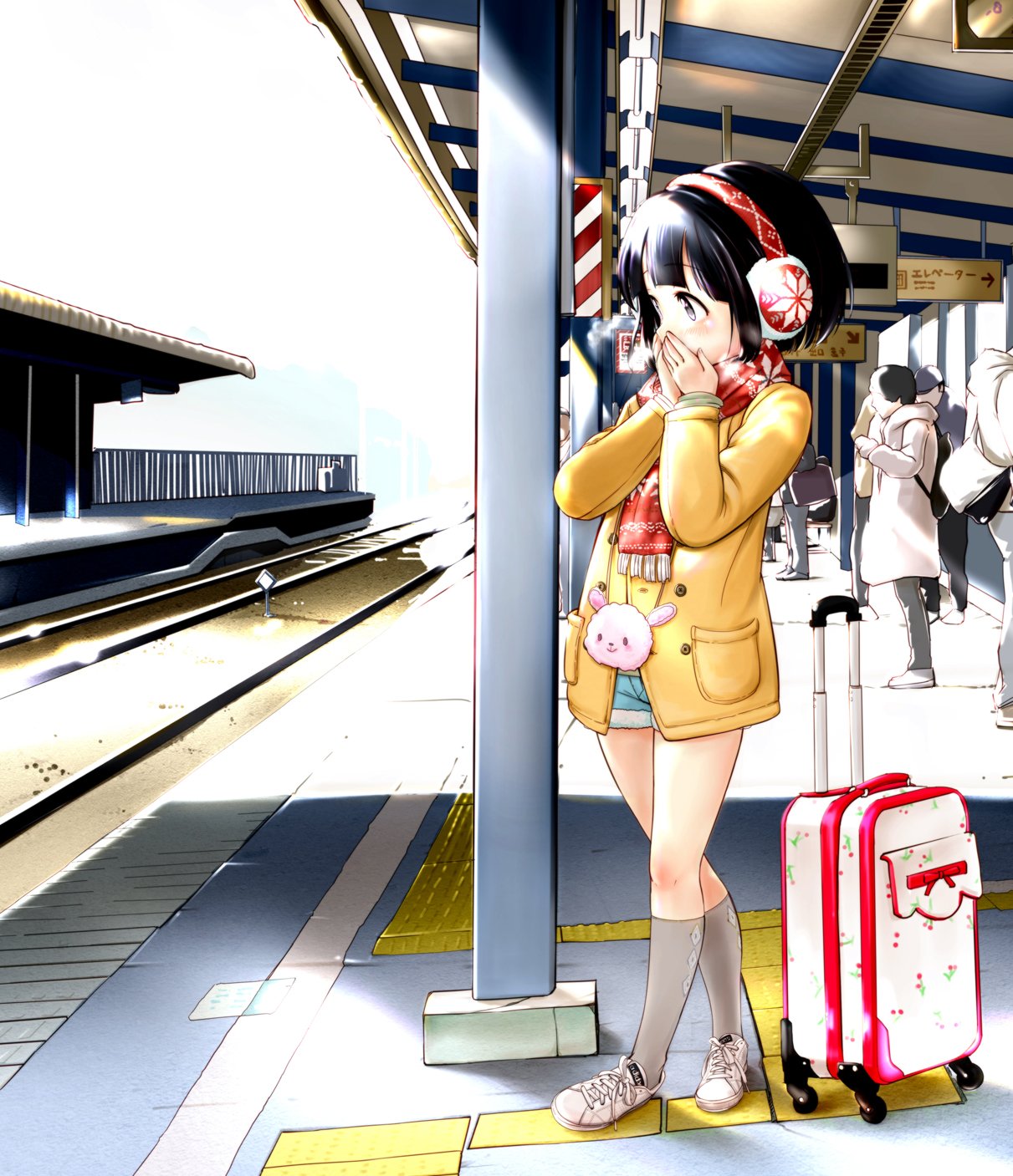 1girl black_eyes black_hair black_legwear breath brown_coat coat cold commentary_request covering_mouth denim denim_shorts earmuffs full_body hand_to_own_mouth highres kneehighs mayafufu original outdoors railroad_tracks red_scarf scarf shoes short_hair short_shorts shorts sneakers suitcase train_station