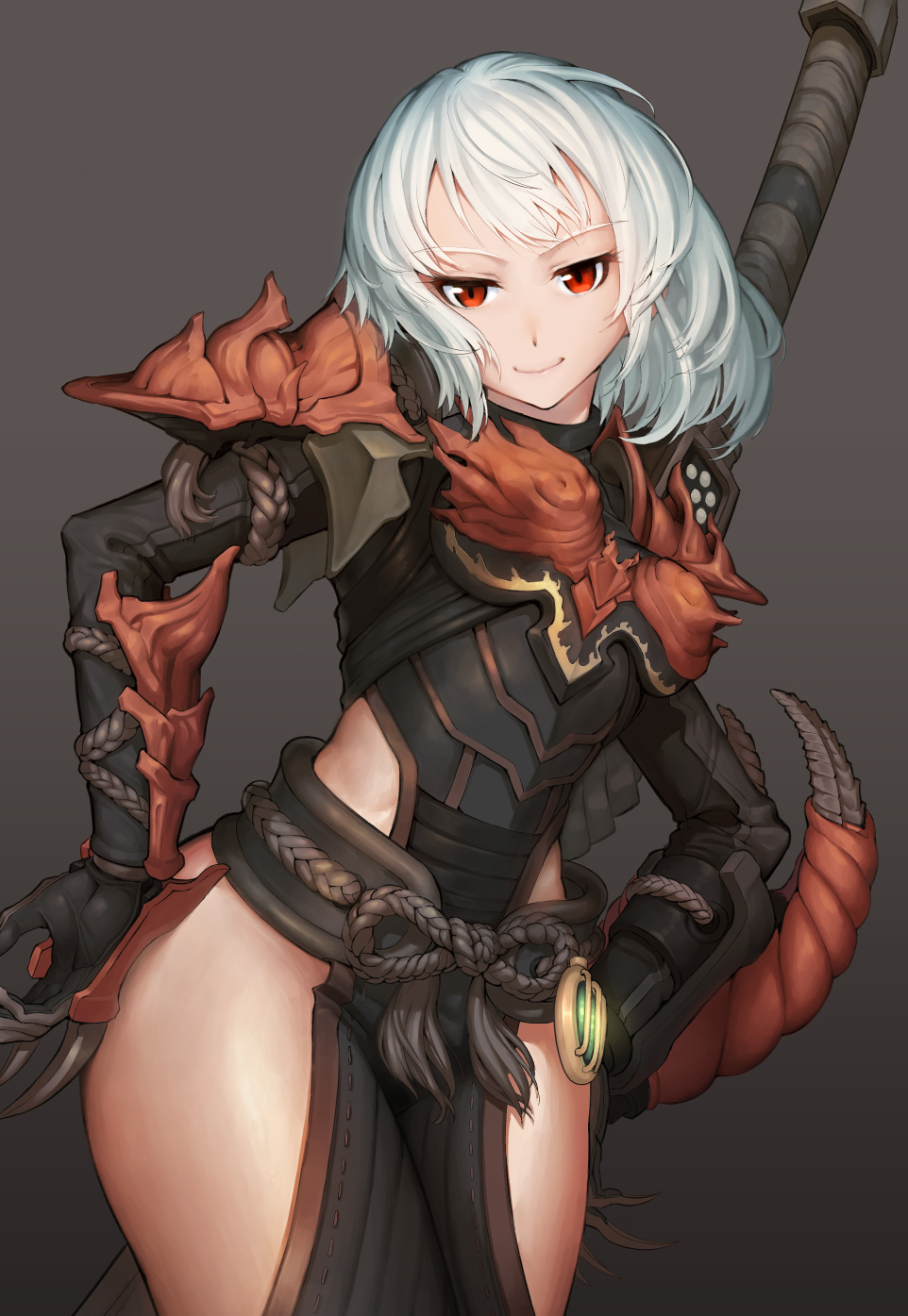 1girl armor gloves gradient gradient_background hands_on_hips highres loincloth looking_at_viewer monster_hunter monster_hunter:_world odogaron_(armor) qbase red_eyes short_hair smile solo standing weapon white_hair