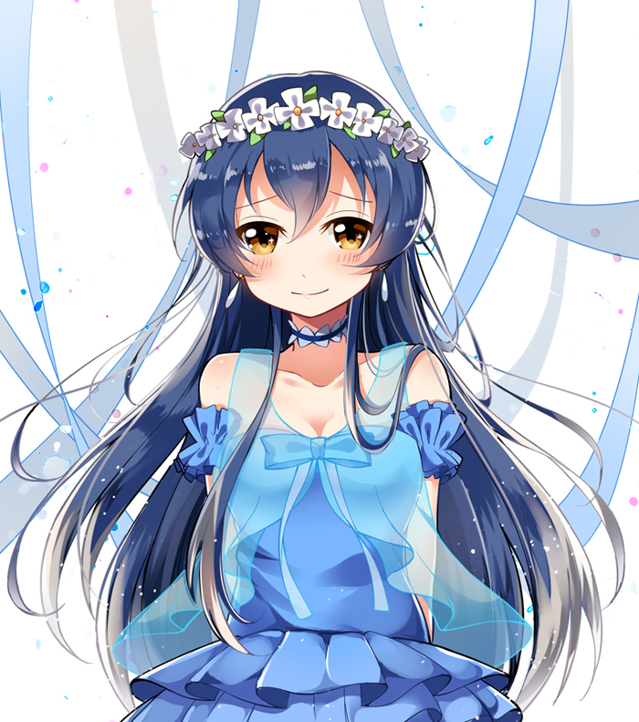 1girl arms_behind_back bangs bare_shoulders blue_hair blush choker commentary_request dress earrings flower hair_between_eyes hair_ornament head_wreath jewelry long_hair looking_at_viewer love_live! love_live!_school_idol_project smile solo sonoda_umi upper_body yasuna_(nanjiang) yellow_eyes yume_no_tobira