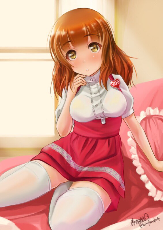 1girl alternate_costume anna_miller apron artist_name bangs bed blunt_bangs blush character_name commentary_request frilled_pillow frills girls_und_panzer haruhata_mutsuki long_hair looking_at_viewer orange_eyes orange_hair parted_lips pillow red_skirt shirt signature sitting skirt solo takebe_saori thigh-highs twitter_username waitress white_legwear white_shirt yokozuwari